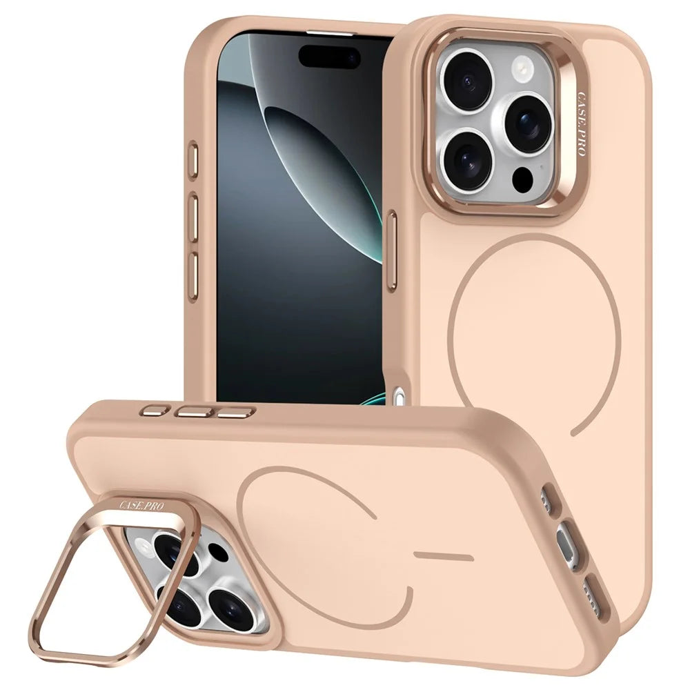 For iPhone 16 Pro Case Compatible with MagSafe Skin-touch PC + TPU Phone Cover with Foldable Kickstand - Desert Gold - 1