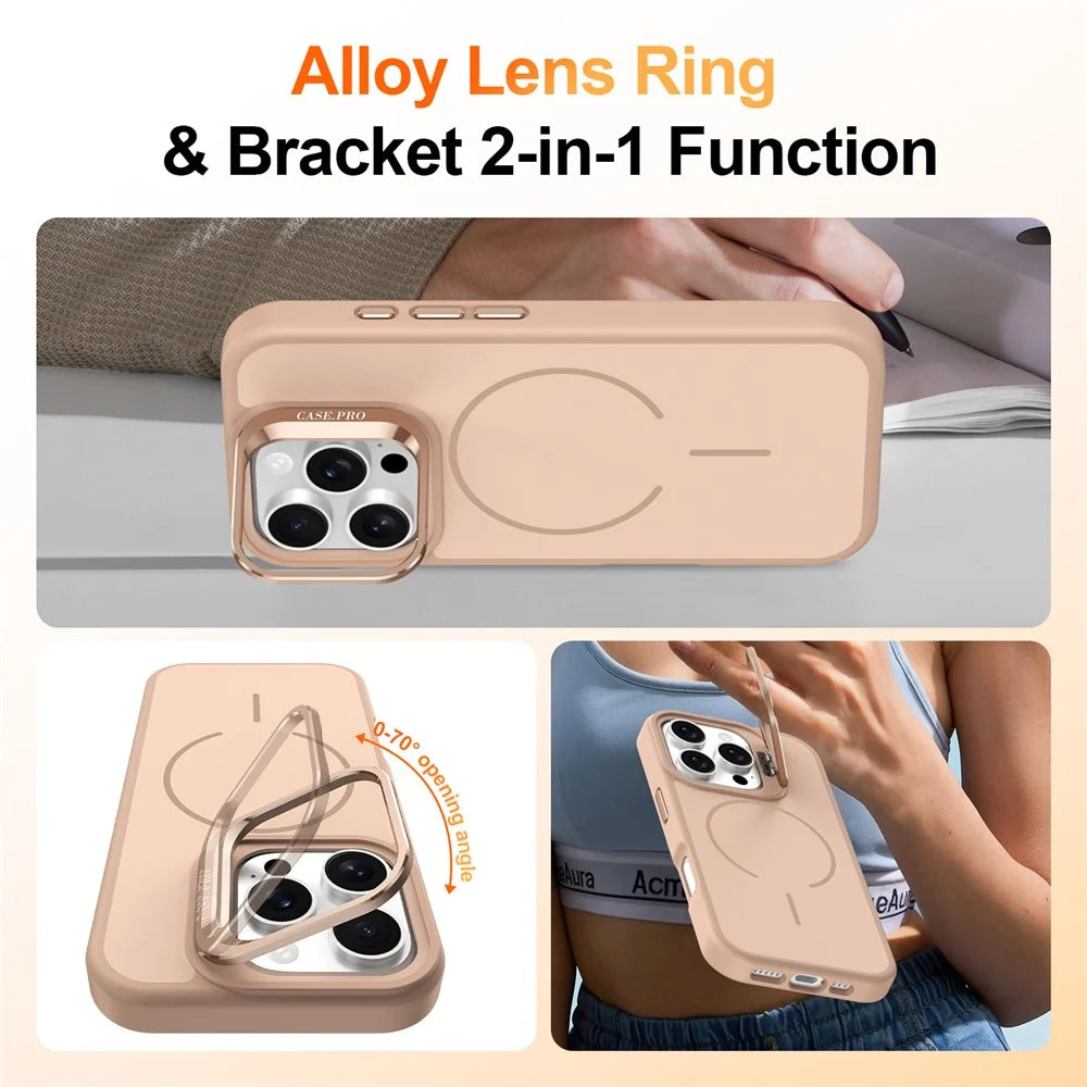 For iPhone 16 Pro Case Compatible with MagSafe Skin-touch PC + TPU Phone Cover with Foldable Kickstand - Desert Gold - 2