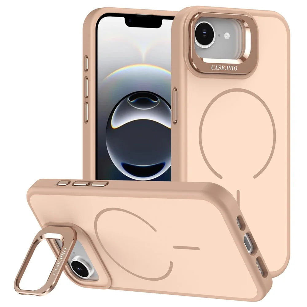 For iPhone 17e / 16e Case Compatible with MagSafe Skin-touch PC + TPU Phone Cover with Foldable Kickstand - Desert Gold - 1