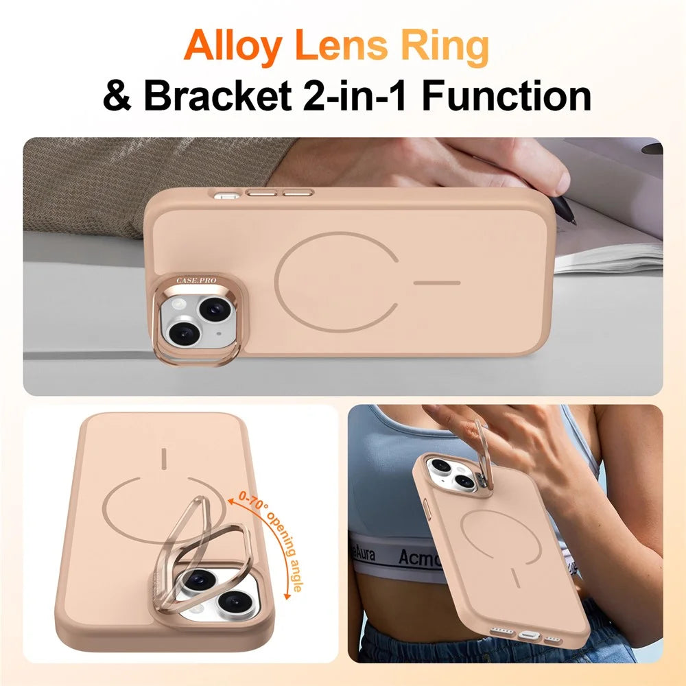 For iPhone 15 Case Compatible with MagSafe Skin-touch PC + TPU Phone Cover with Foldable Kickstand - Desert Gold - 2