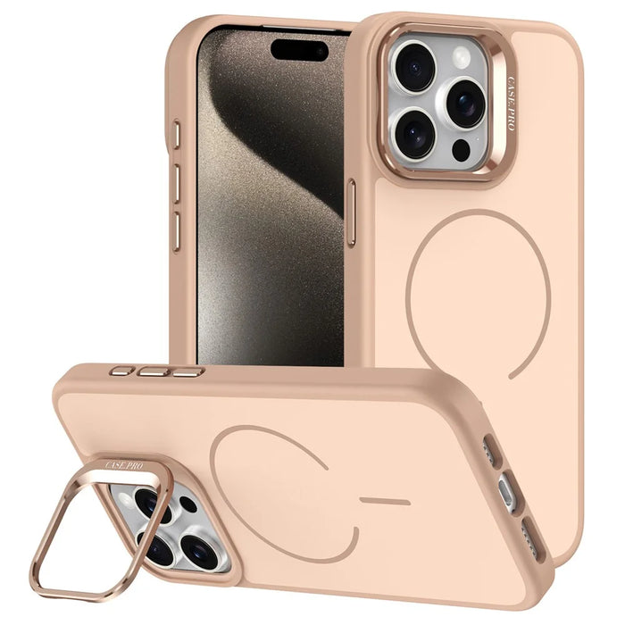 For iPhone 15 Pro Max Case Compatible with MagSafe Skin-touch PC + TPU Phone Cover with Foldable Kickstand - Desert Gold - 1