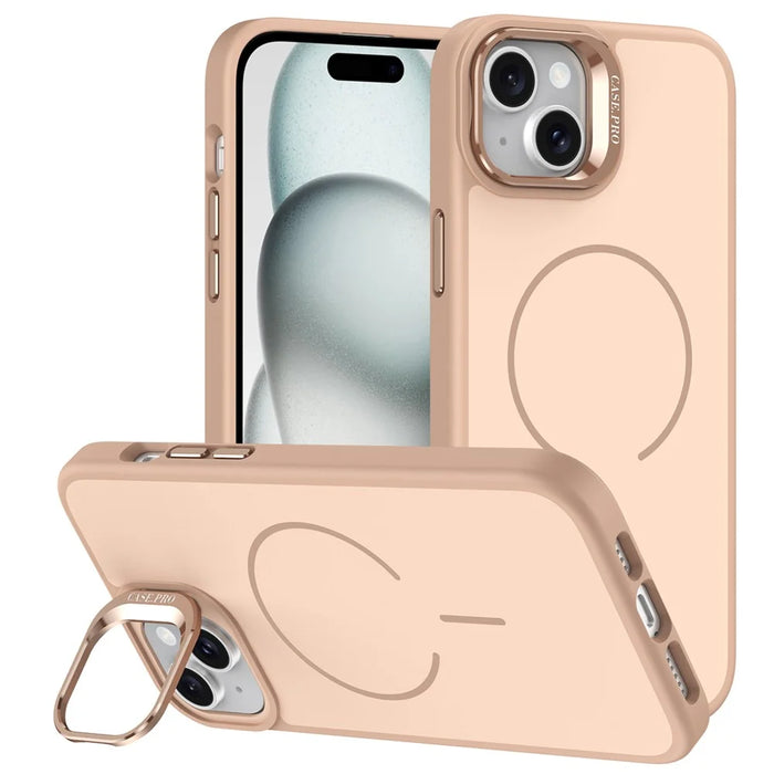 For iPhone 14  /  13 Case Compatible with MagSafe Skin-touch PC + TPU Phone Cover with Foldable Kickstand - Desert Gold - 1