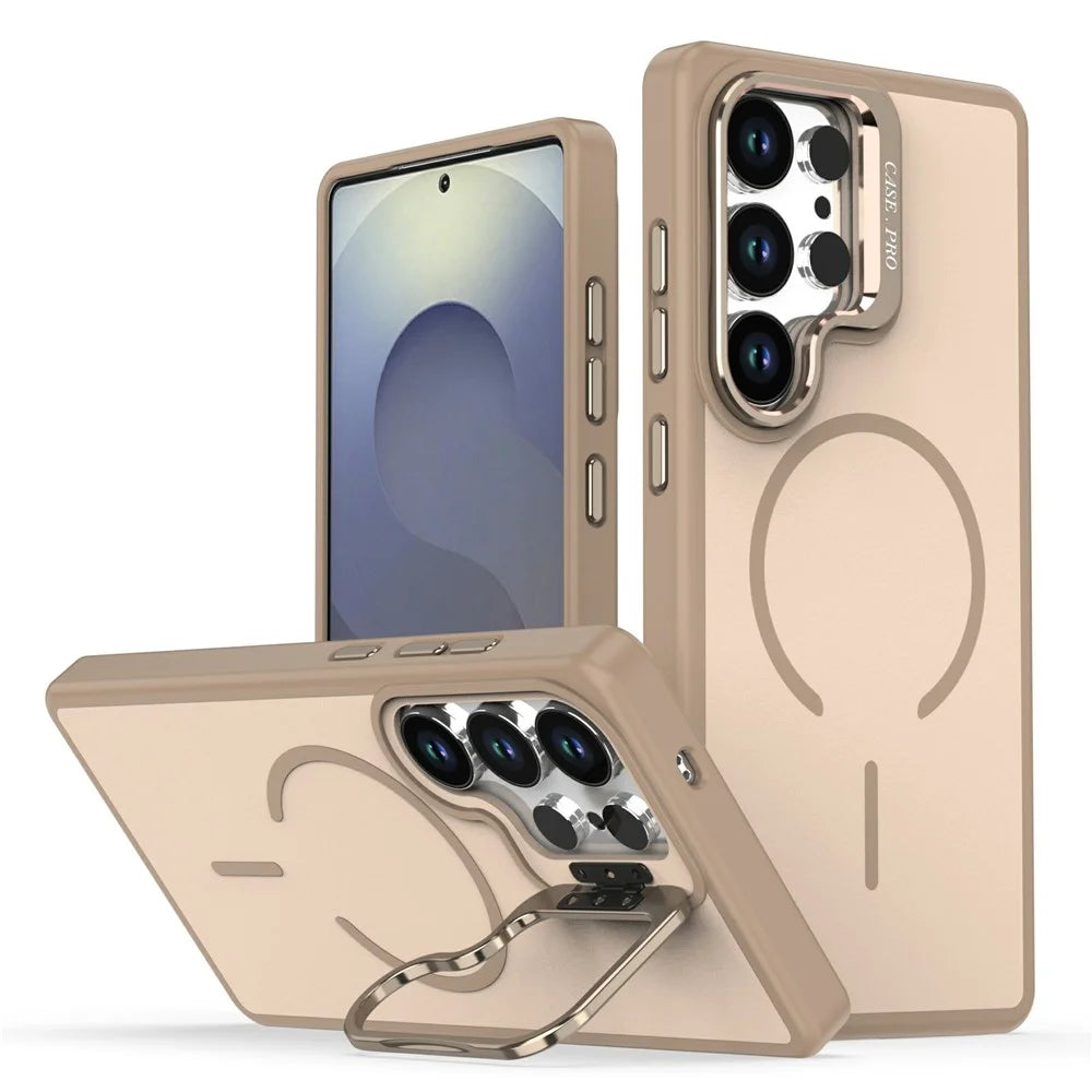 For Samsung Galaxy S23 Ultra  /  S22 Ultra 5G Magnetic Case Skin-touch PC + TPU Phone Cover with Foldable Kickstand - Desert Gold - 1