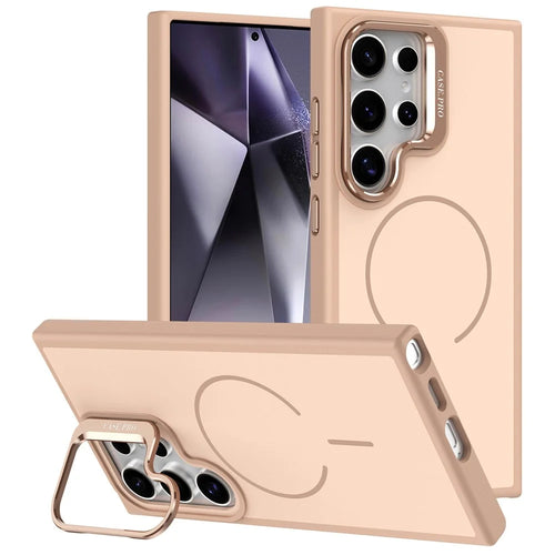 For Samsung Galaxy S24 Ultra Magnetic Case Skin-touch PC + TPU Phone Cover with Foldable Kickstand - Desert Gold - 1