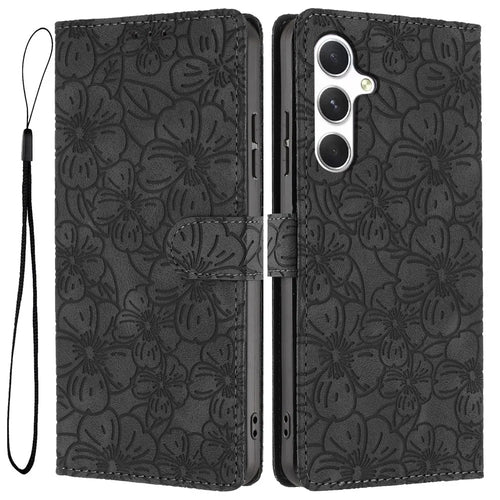 For Samsung Galaxy A37 5G Flip Case Cherry Blossom Pattern Leather Wallet Stand Phone Cover with Wrist Strap - Black - 1