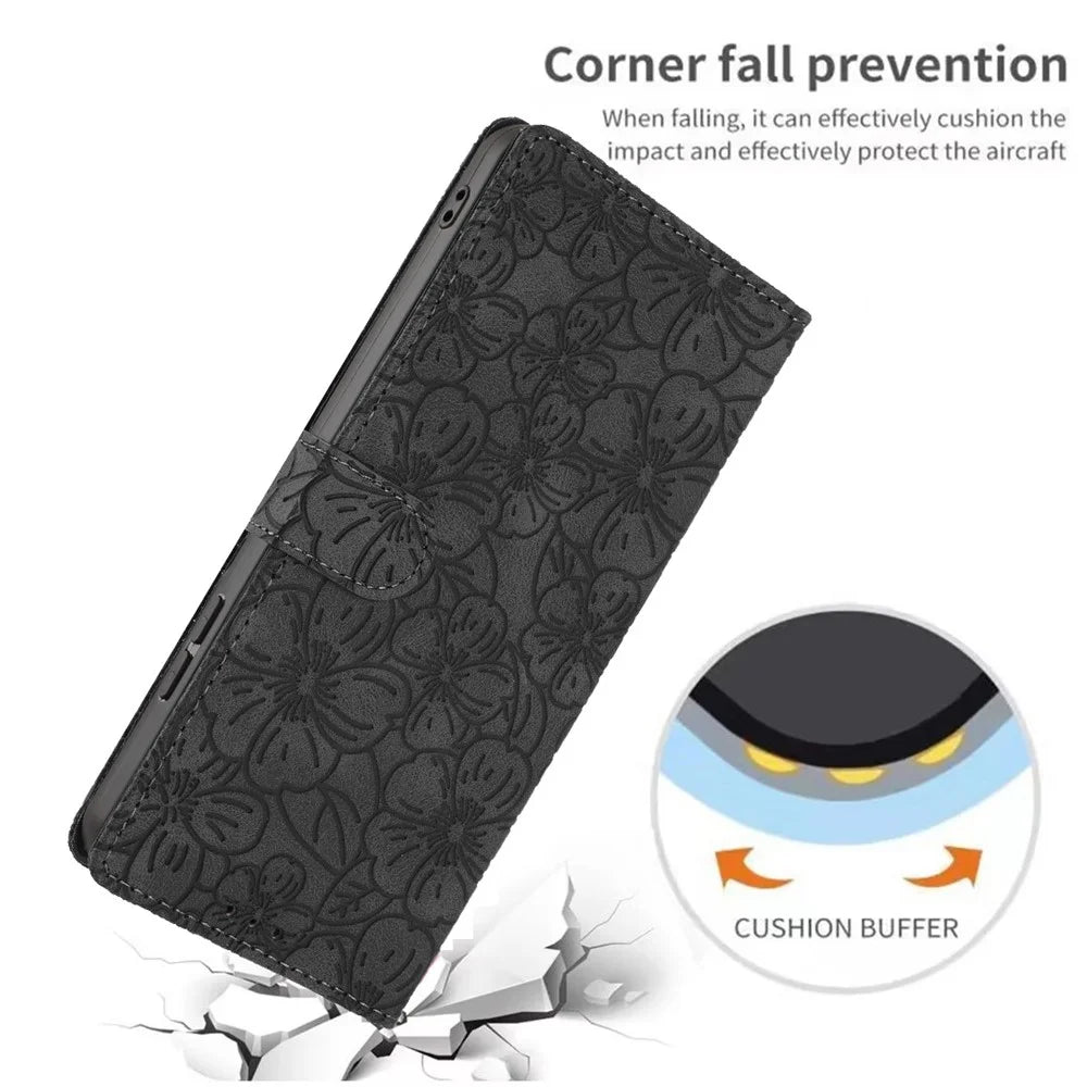 For Samsung Galaxy A37 5G Flip Case Cherry Blossom Pattern Leather Wallet Stand Phone Cover with Wrist Strap - Black - 5