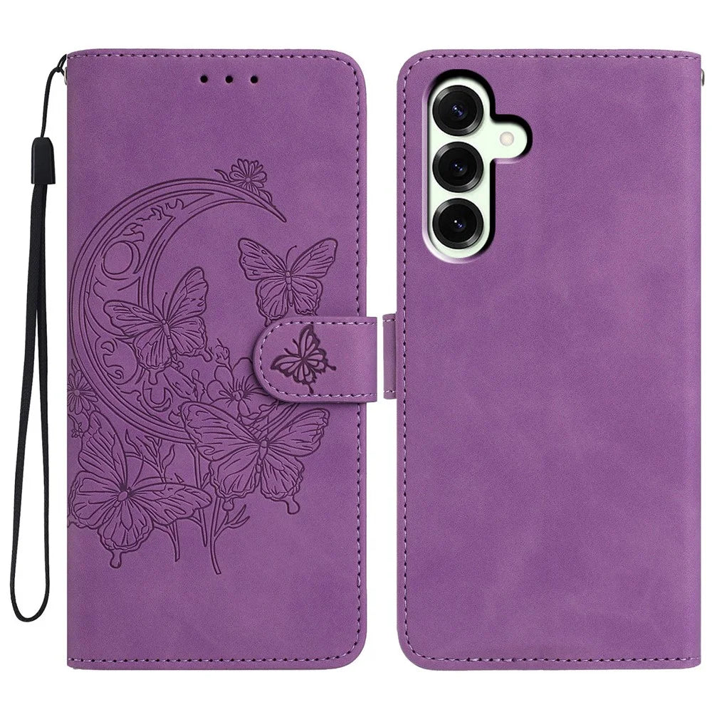 For Samsung Galaxy A37 5G Case Butterfly Flower Imprinted PU Leather Wallet Stand Phone Cover - Purple - 1