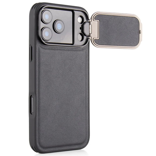 GKK For iPhone 17 Pro Case PU Leather Covered PC Phone Shell with Lens Guard Kickstand - Black - 1