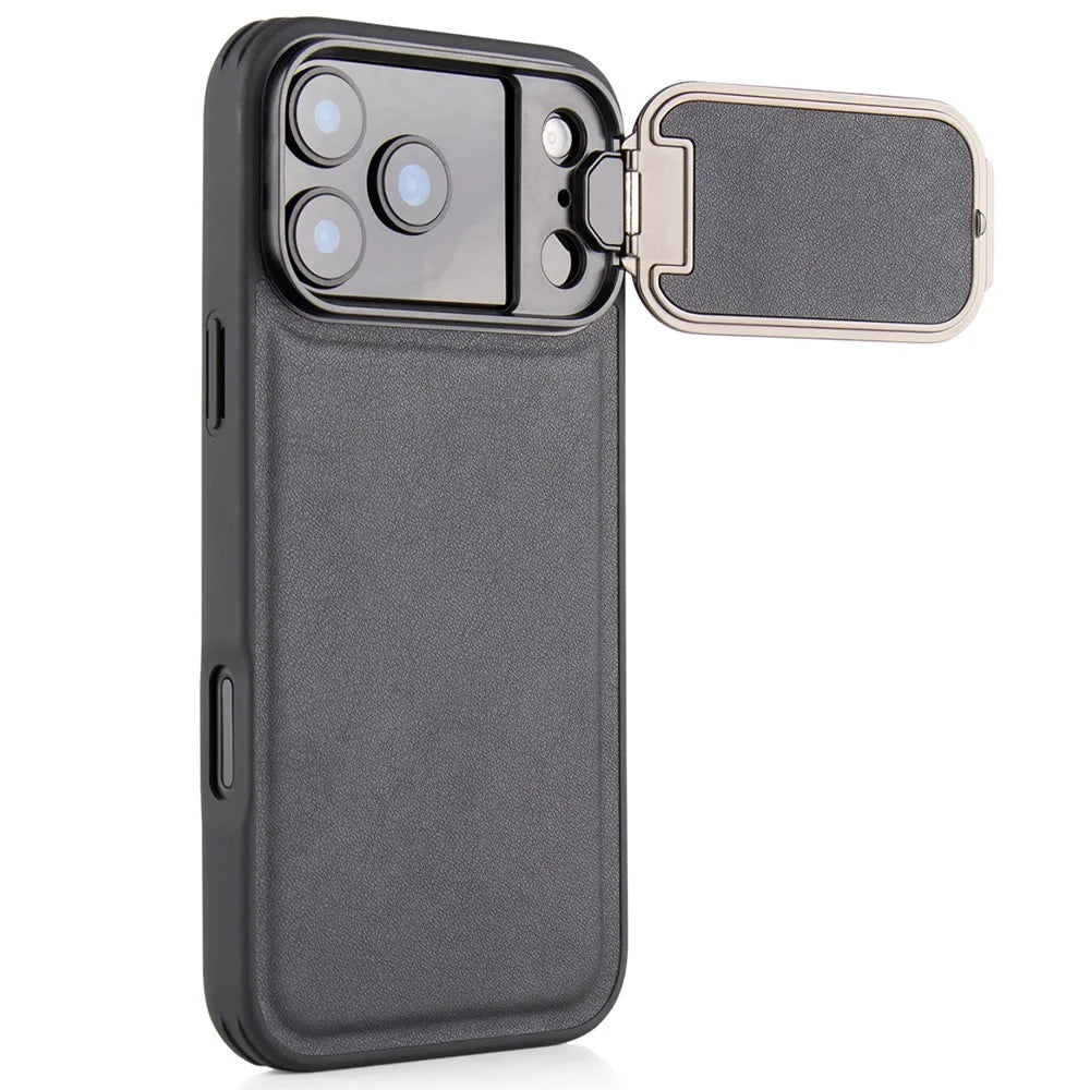 GKK For iPhone 17 Pro Max Case PU Leather Covered PC Phone Shell with Lens Guard Kickstand - Black - 1