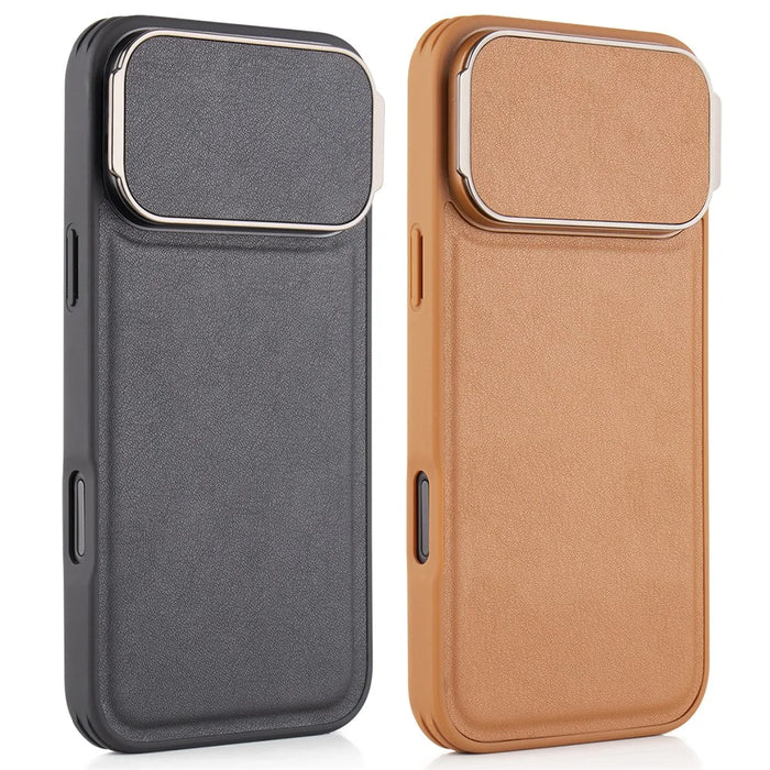 GKK For iPhone 17 Pro Max Case PU Leather Covered PC Phone Shell with Lens Guard Kickstand - Black - 4