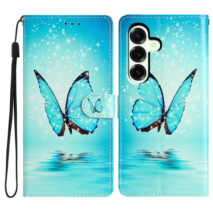 For Samsung Galaxy A57 5G Wallet Case PU Leather Pattern Printing Stand Phone Cover with Strap - Blue Butterfly - 1