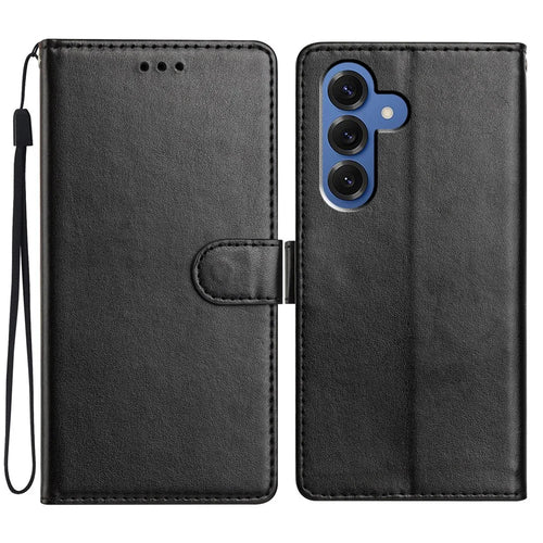 For Samsung Galaxy S26+ Leather Case Wallet Stand Phone Cover with Handy Strap - Black - 1