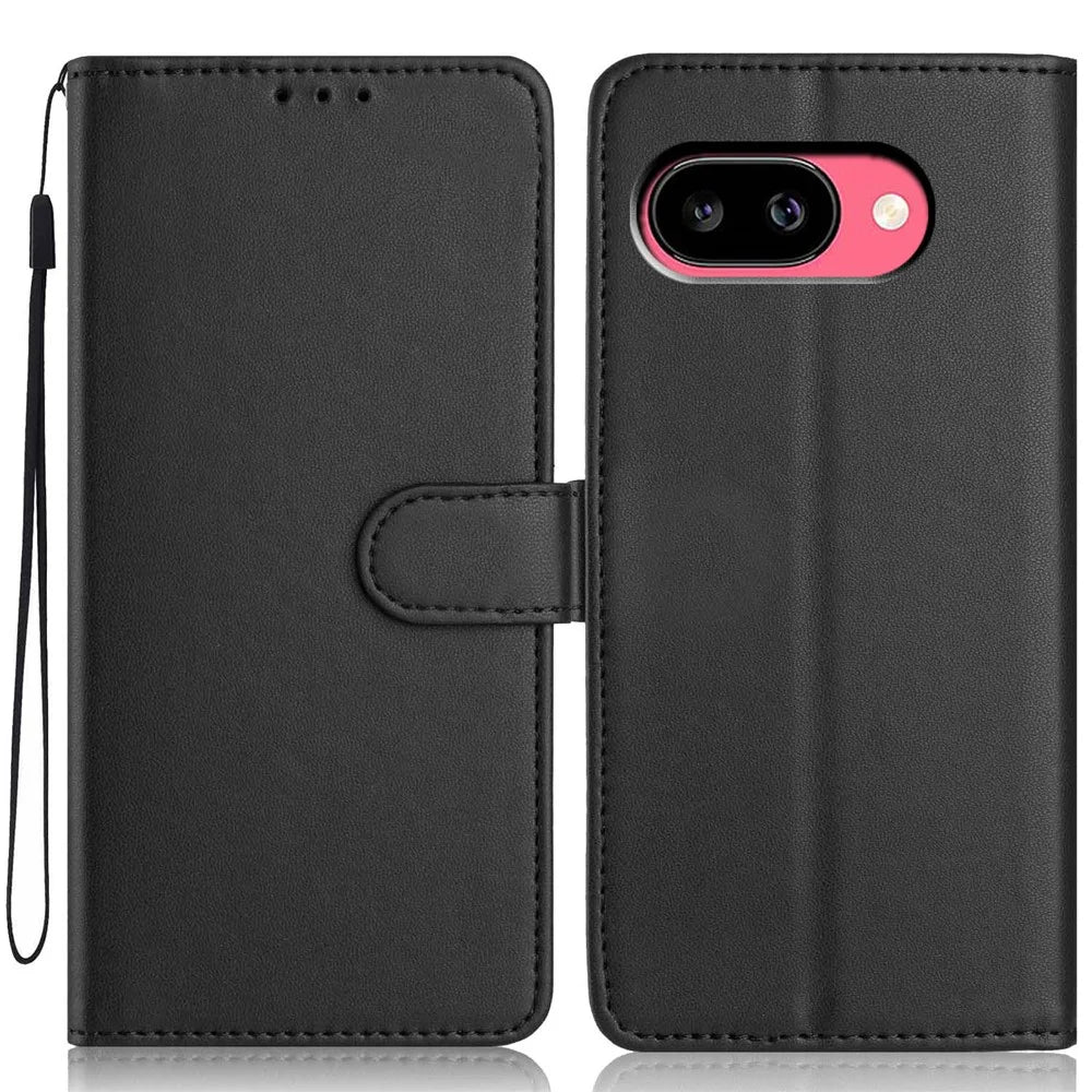 For Google Pixel 10a Wallet Case with Strap   /   Multiple Card Slots Solid Color Leather Stand Phone Cover - Black - 1