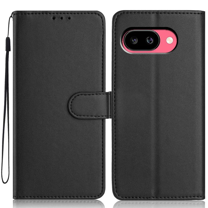 For Google Pixel 10a Wallet Case with Strap   /   Multiple Card Slots Solid Color Leather Stand Phone Cover - Black - 1
