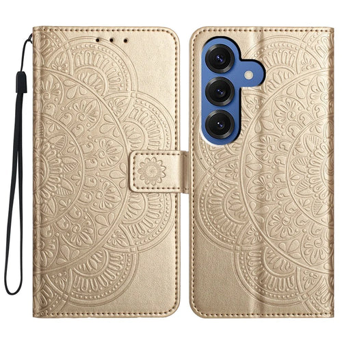 For Samsung Galaxy S26+ Leather Case with Card Slots Mandala Pattern Phone Cover Stand - Gold - 1
