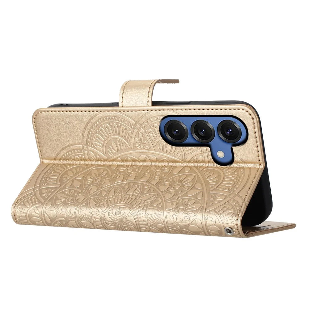 For Samsung Galaxy S26+ Leather Case with Card Slots Mandala Pattern Phone Cover Stand - Gold - 3