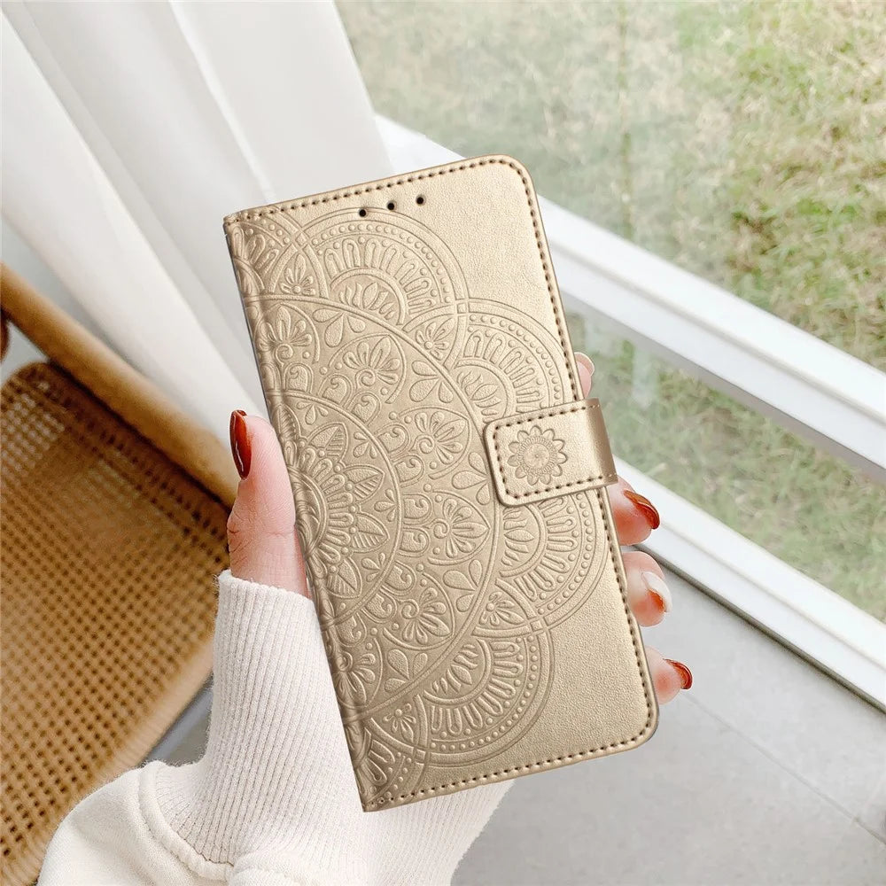 For Samsung Galaxy S26+ Leather Case with Card Slots Mandala Pattern Phone Cover Stand - Gold - 6