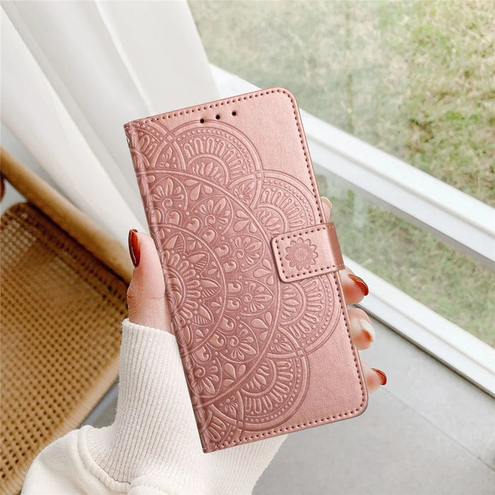For Samsung Galaxy A37 5G Leather Case with Card Slots Mandala Pattern Phone Cover Stand - Rose Gold - 5