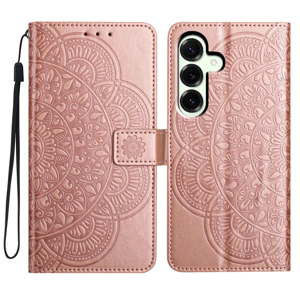 For Samsung Galaxy A57 5G Leather Case with Card Slots Mandala Pattern Phone Cover Stand - Rose Gold - 1
