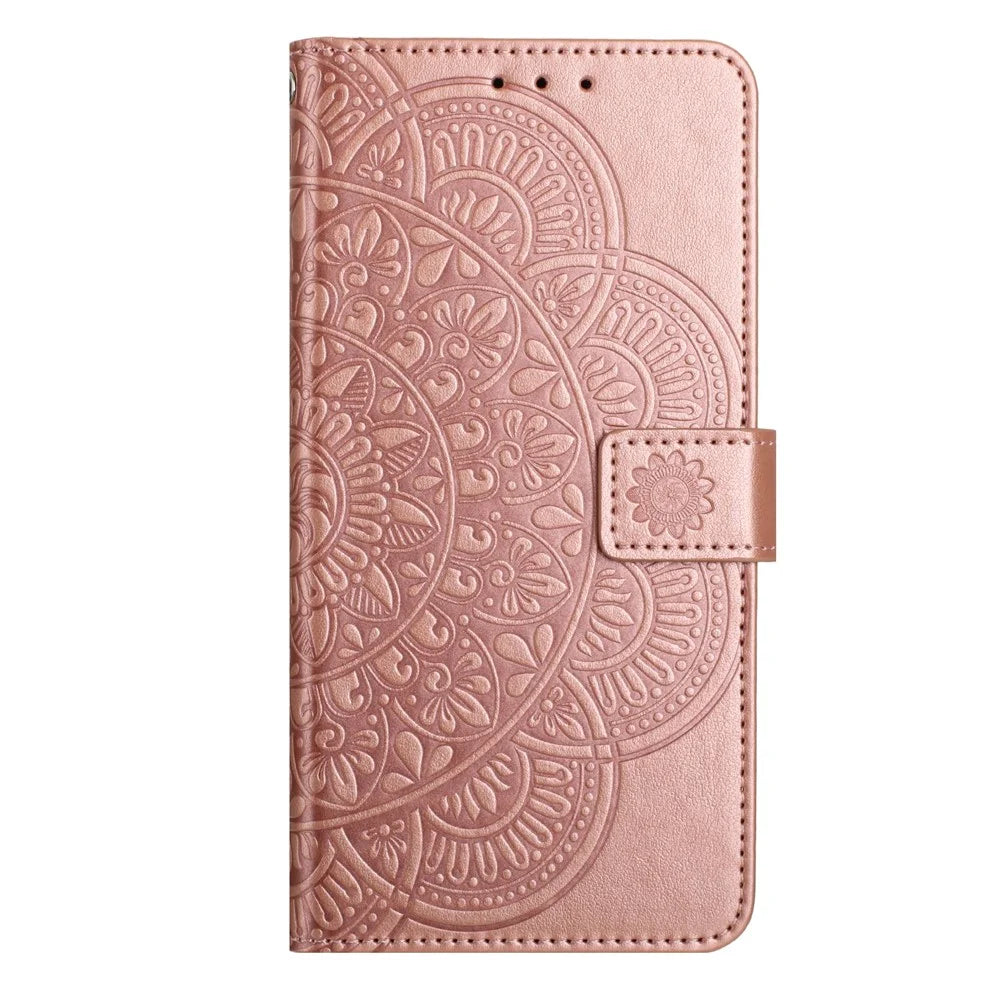 For Samsung Galaxy A57 5G Leather Case with Card Slots Mandala Pattern Phone Cover Stand - Rose Gold - 6