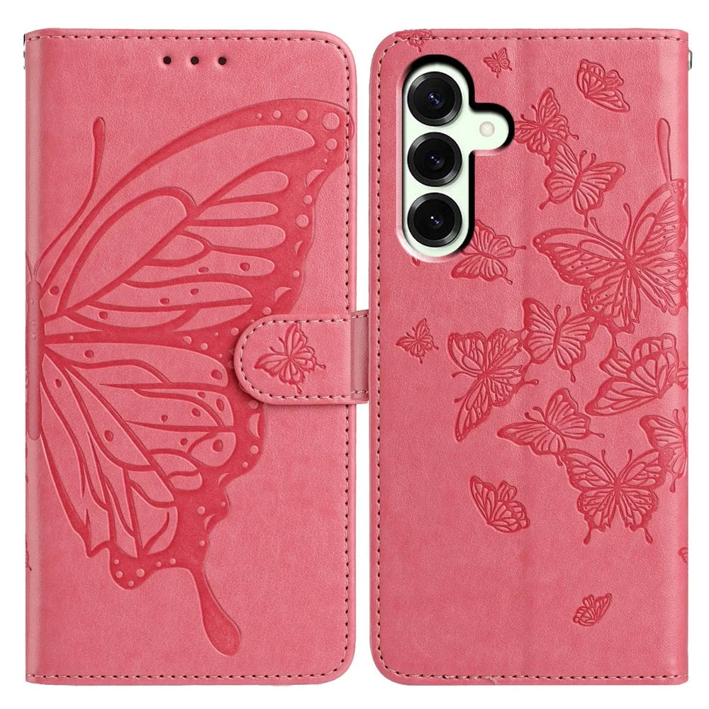 For Samsung Galaxy A37 5G Case Butterfly Imprinted Wallet Stand PU Leather Flip Phone Cover with Strap - Rose - 1