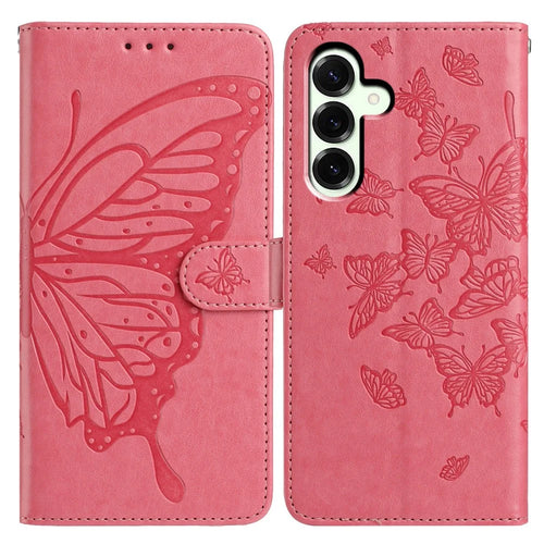 For Samsung Galaxy A37 5G Case Butterfly Imprinted Wallet Stand PU Leather Flip Phone Cover with Strap - Rose - 1