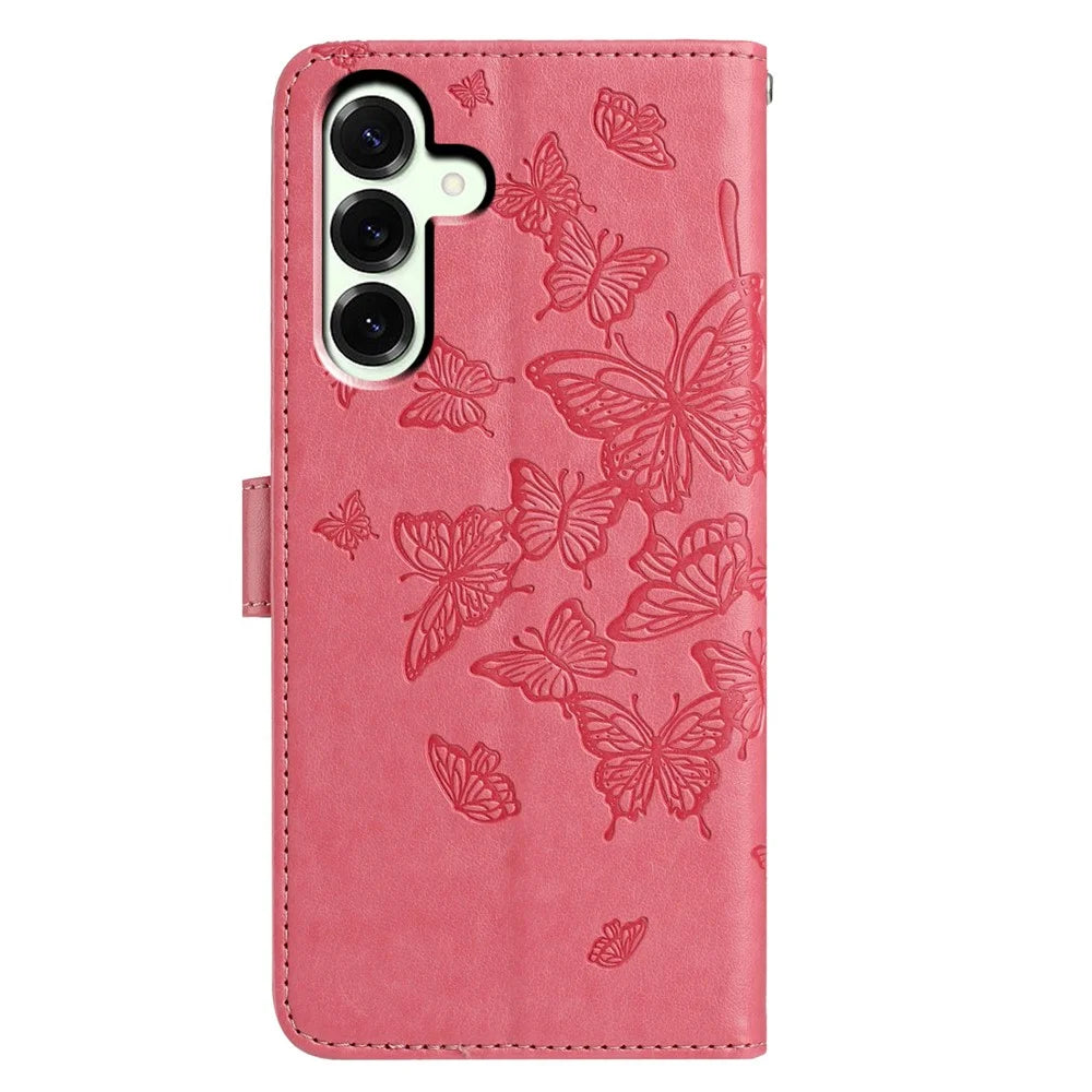 For Samsung Galaxy A37 5G Case Butterfly Imprinted Wallet Stand PU Leather Flip Phone Cover with Strap - Rose - 5