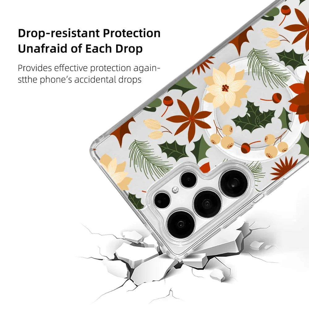 EYCASE For Samsung Galaxy S25 Ultra Christmas Series Magnetic Case Gift  Clear Edge Pattern Print TPU + Acrylic Cover - Vintage Christmas Floral - 3