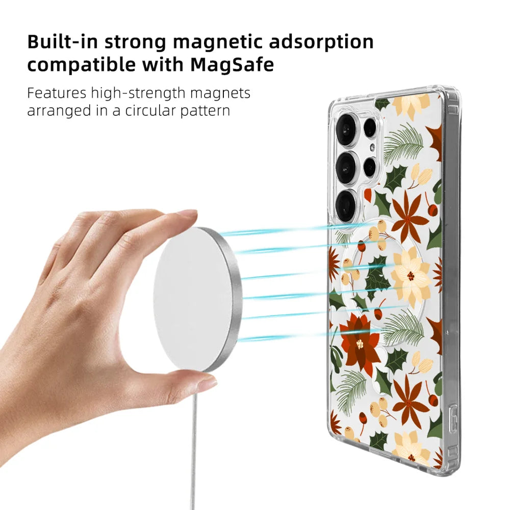 EYCASE For Samsung Galaxy S25 Ultra Christmas Series Magnetic Case Gift  Clear Edge Pattern Print TPU + Acrylic Cover - Vintage Christmas Floral - 4