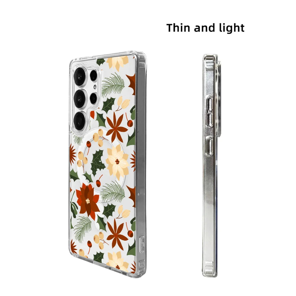 EYCASE For Samsung Galaxy S25 Ultra Christmas Series Magnetic Case Gift  Clear Edge Pattern Print TPU + Acrylic Cover - Vintage Christmas Floral - 6
