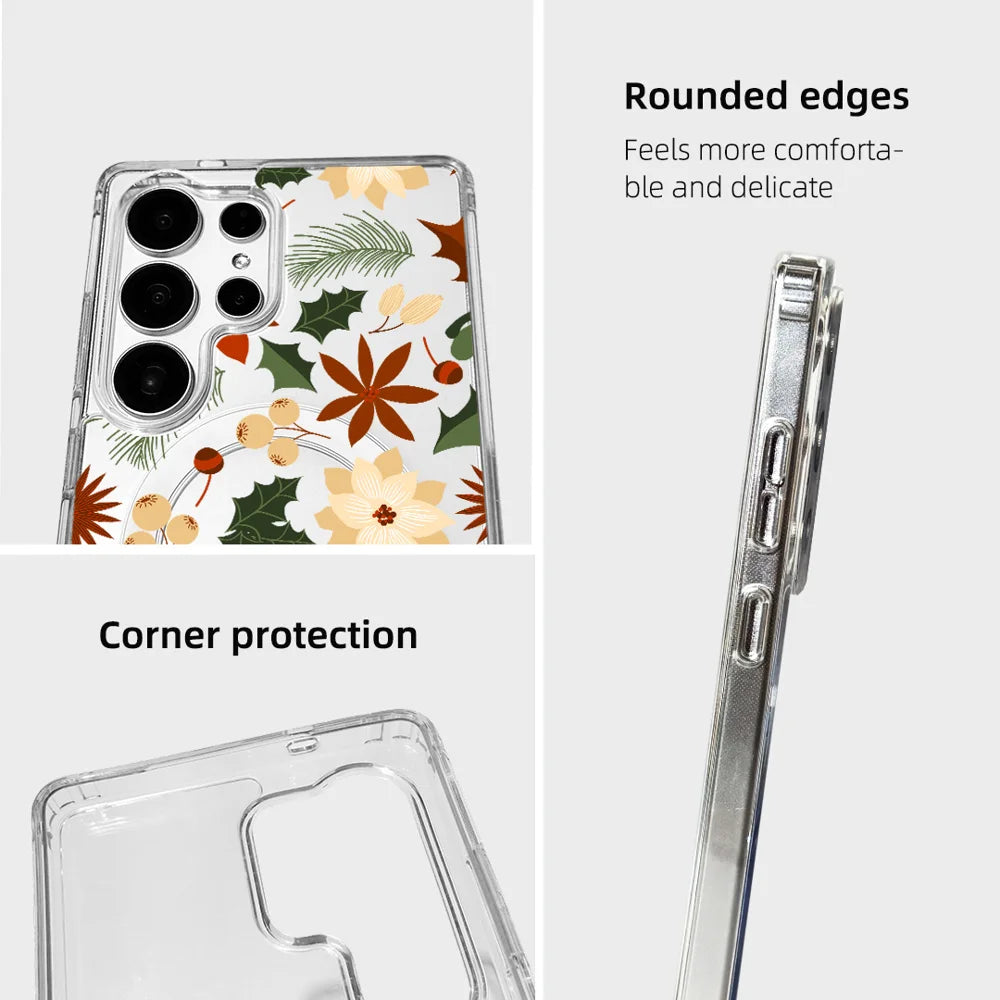 EYCASE For Samsung Galaxy S25 Ultra Christmas Series Magnetic Case Gift  Clear Edge Pattern Print TPU + Acrylic Cover - Vintage Christmas Floral - 7