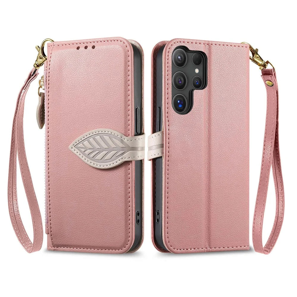 For Samsung Galaxy S24 Ultra Stand Case Leaf Shape Magnetic Clasp Leather Phone Cover with Hand Strap - Rose Gold - 1