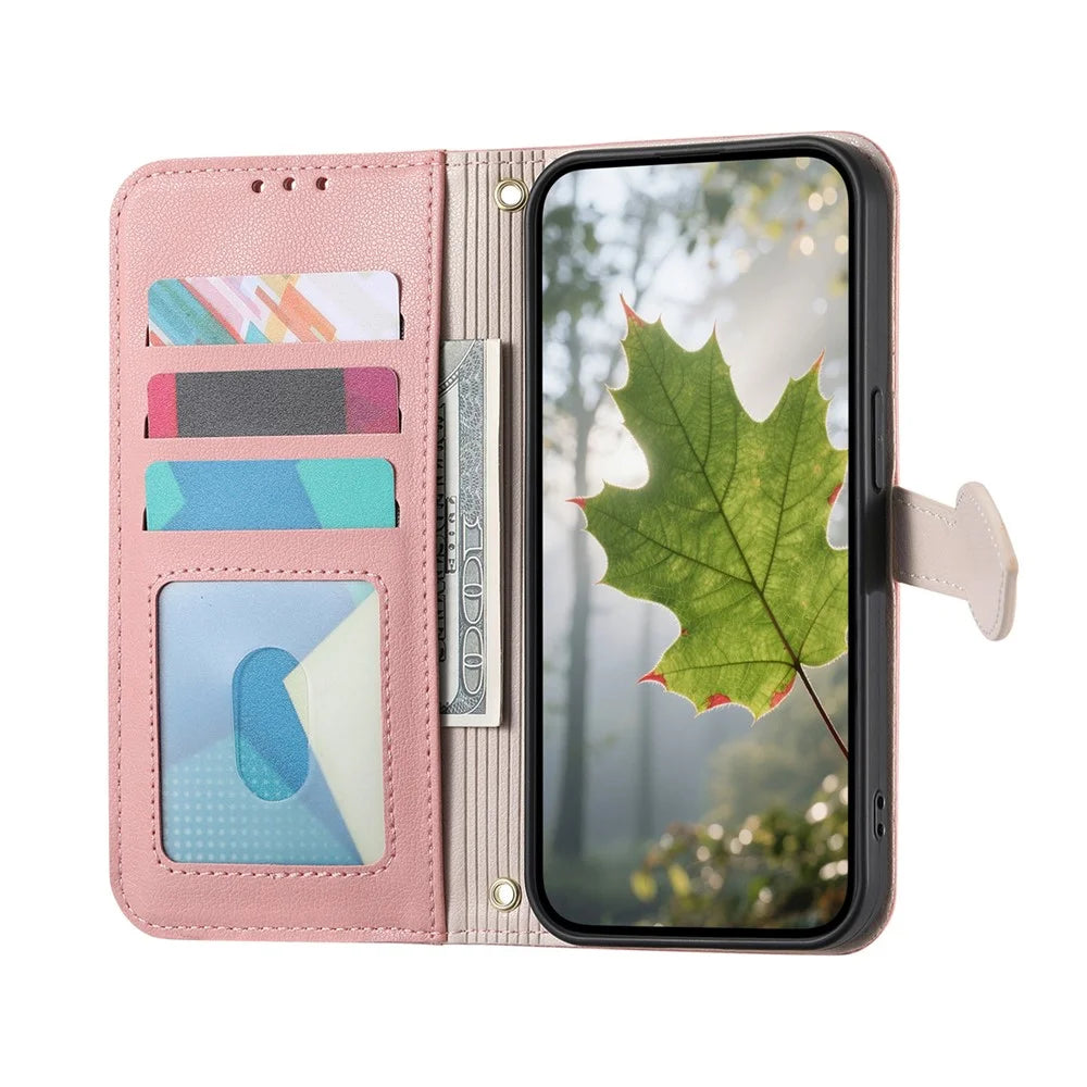 For Samsung Galaxy S24 Ultra Stand Case Leaf Shape Magnetic Clasp Leather Phone Cover with Hand Strap - Rose Gold - 2