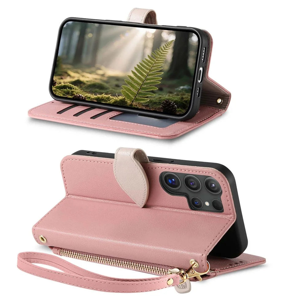 For Samsung Galaxy S25 Ultra Stand Case Leaf Shape Magnetic Clasp Leather Phone Cover with Hand Strap - Rose Gold - 3