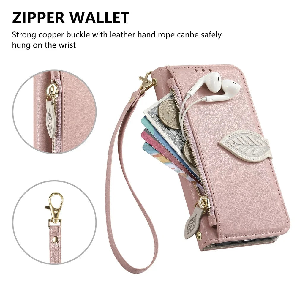 For Samsung Galaxy S25 Ultra Stand Case Leaf Shape Magnetic Clasp Leather Phone Cover with Hand Strap - Rose Gold - 5