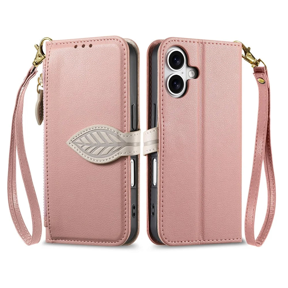 For iPhone 17 Stand Case Leaf Shape Magnetic Clasp Leather Phone Cover with Hand Strap - Rose Gold - 1