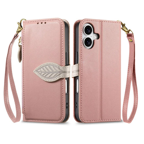 For iPhone 17 Stand Case Leaf Shape Magnetic Clasp Leather Phone Cover with Hand Strap - Rose Gold - 1