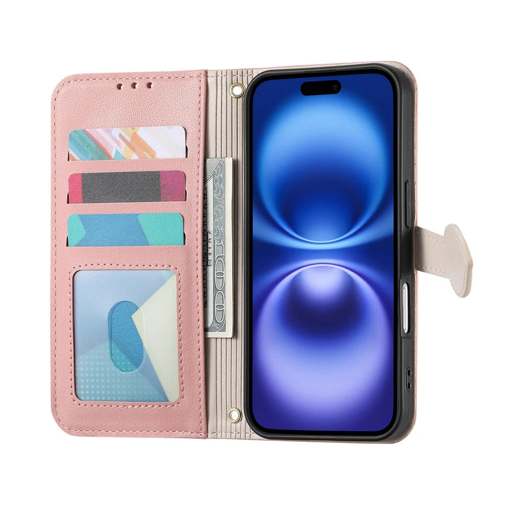 For iPhone 17 Stand Case Leaf Shape Magnetic Clasp Leather Phone Cover with Hand Strap - Rose Gold - 2