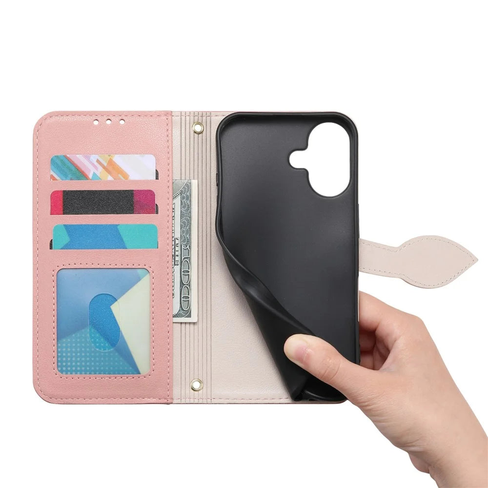 For iPhone 17 Stand Case Leaf Shape Magnetic Clasp Leather Phone Cover with Hand Strap - Rose Gold - 4