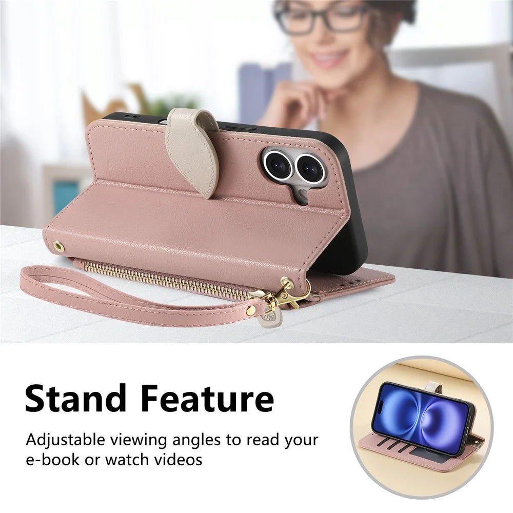 For iPhone 17 Stand Case Leaf Shape Magnetic Clasp Leather Phone Cover with Hand Strap - Rose Gold - 7