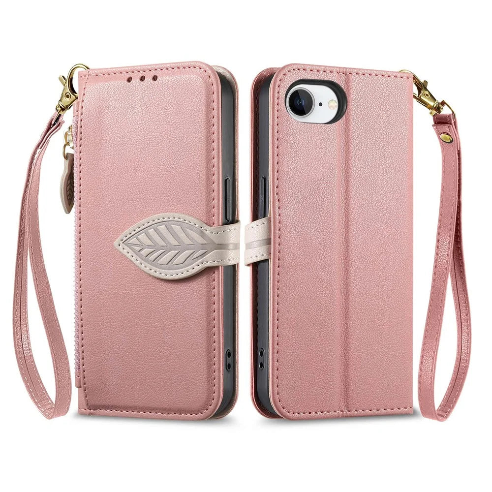 For iPhone 17e / 16e Stand Case Leaf Shape Magnetic Clasp Leather Phone Cover with Hand Strap - Rose Gold - 1