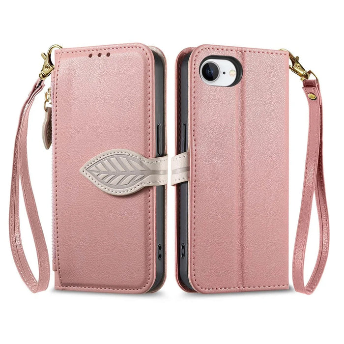 For iPhone 17e / 16e Stand Case Leaf Shape Magnetic Clasp Leather Phone Cover with Hand Strap - Rose Gold - 1