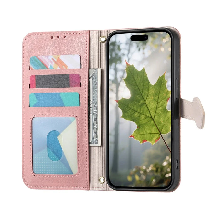 For iPhone 17e / 16e Stand Case Leaf Shape Magnetic Clasp Leather Phone Cover with Hand Strap - Rose Gold - 2