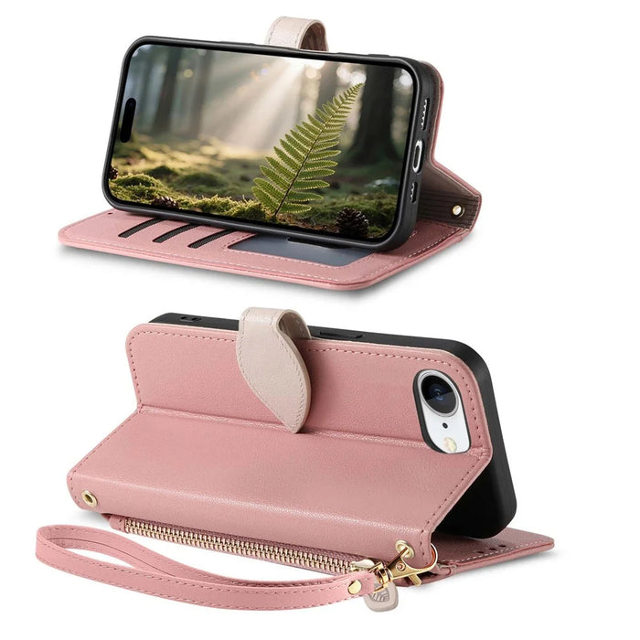 For iPhone 17e / 16e Stand Case Leaf Shape Magnetic Clasp Leather Phone Cover with Hand Strap - Rose Gold - 3