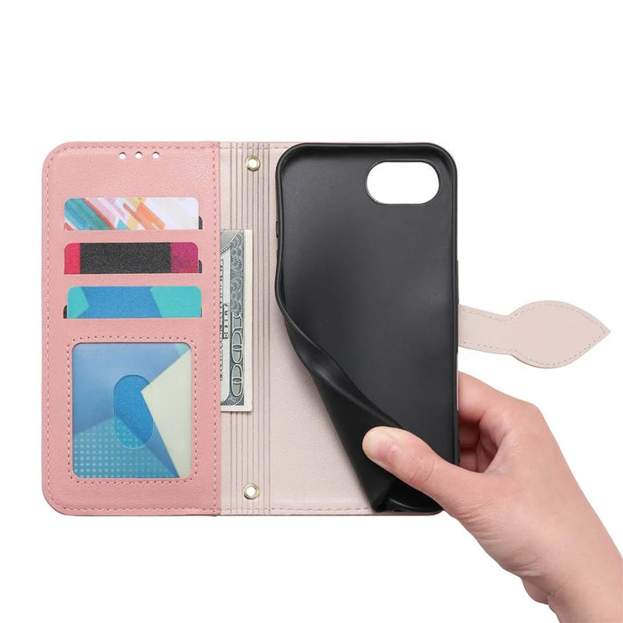 For iPhone 17e / 16e Stand Case Leaf Shape Magnetic Clasp Leather Phone Cover with Hand Strap - Rose Gold - 4