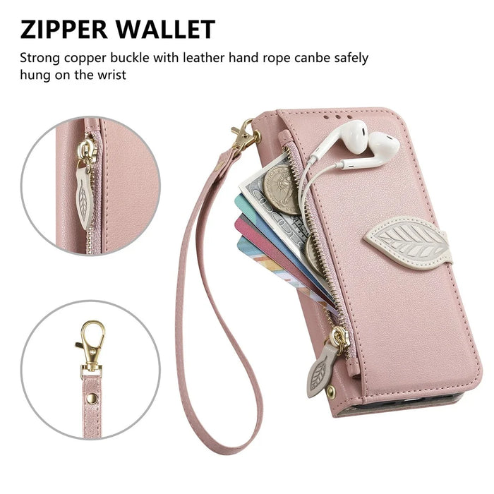 For iPhone 17e / 16e Stand Case Leaf Shape Magnetic Clasp Leather Phone Cover with Hand Strap - Rose Gold - 5