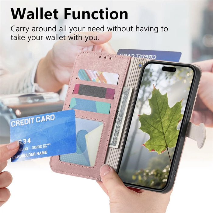 For iPhone 17e / 16e Stand Case Leaf Shape Magnetic Clasp Leather Phone Cover with Hand Strap - Rose Gold - 6