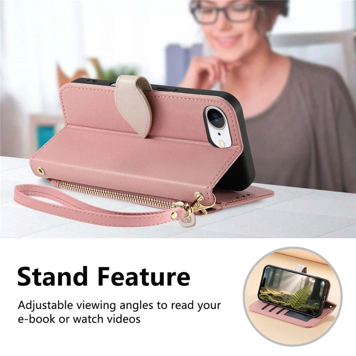 For iPhone 17e / 16e Stand Case Leaf Shape Magnetic Clasp Leather Phone Cover with Hand Strap - Rose Gold - 7