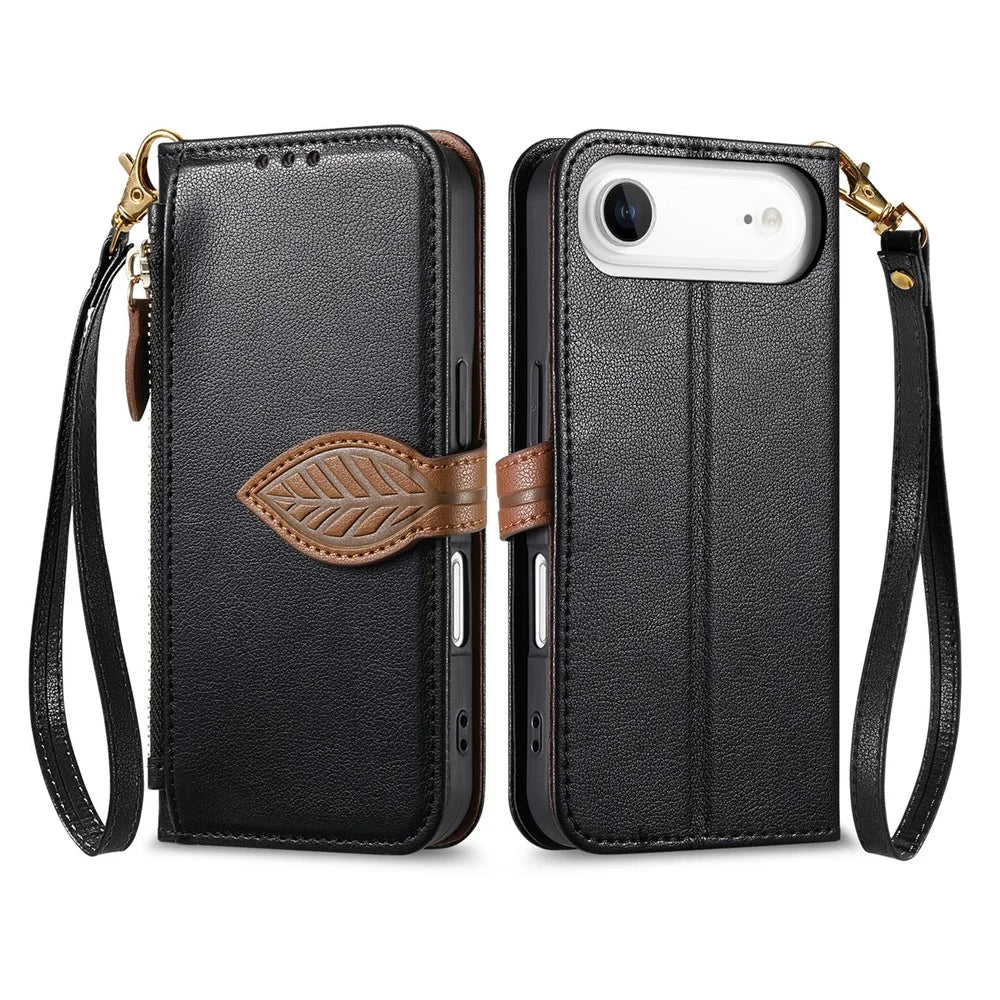 For iPhone Air Stand Case Leaf Shape Magnetic Clasp Leather Phone Cover with Hand Strap - Black - 1