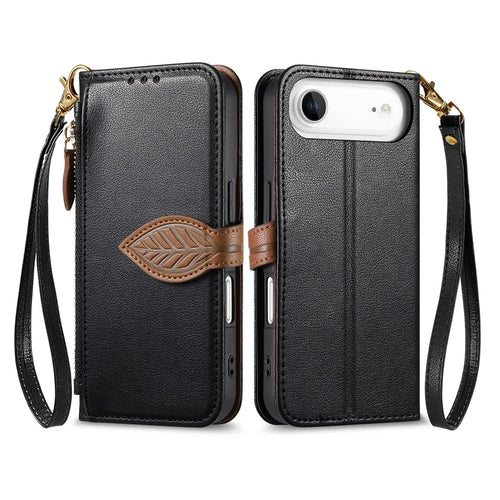 For iPhone Air Stand Case Leaf Shape Magnetic Clasp Leather Phone Cover with Hand Strap - Black - 1